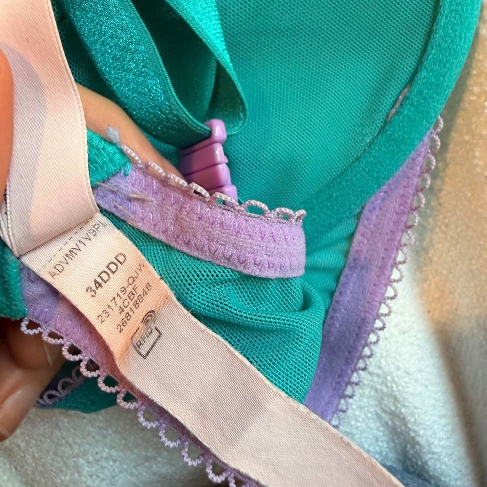 Victoria's Secret Tease Unlined Demi Bra 34DDD Teal Lavender Lace Mesh - Picture 4 of 7